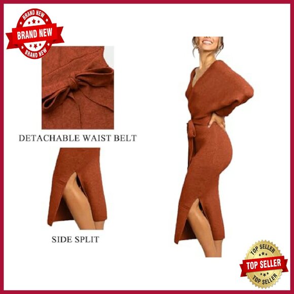 V Neck Backless Bodycon Sweater Dress with Belt Long Sleeve - Picture 7 of 8